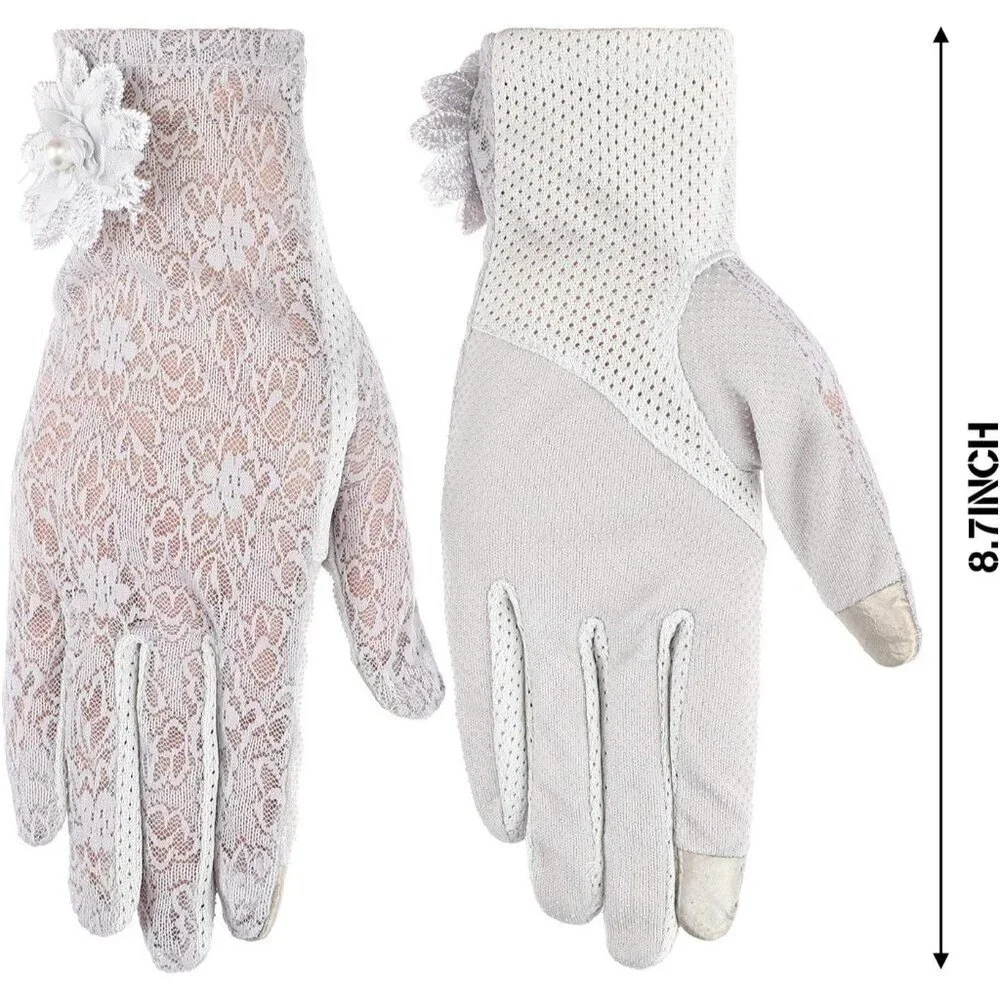 Women's Gray Fingerless Floral Short Lace Gloves Party Tea Halloween Wedding